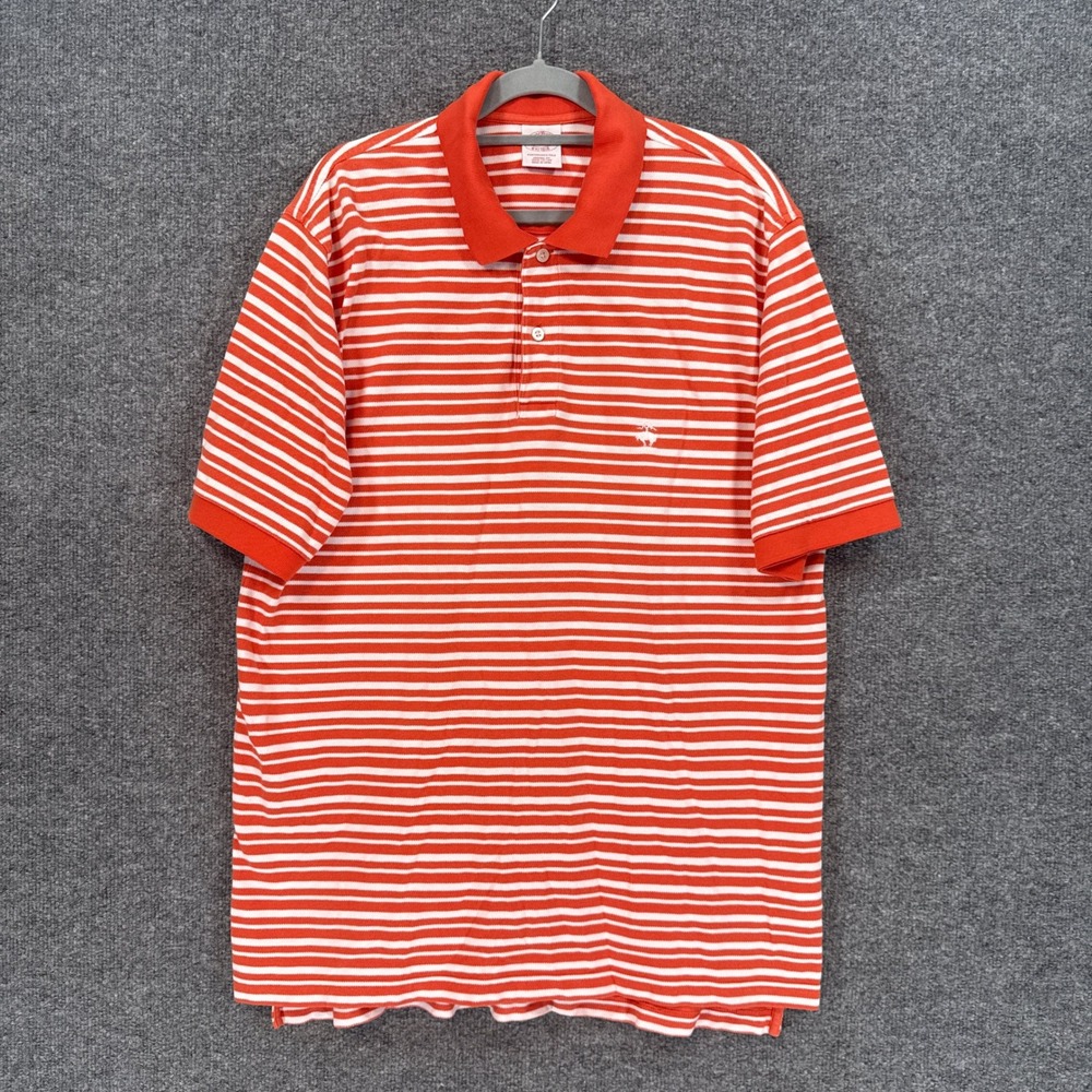 Brooks Brothers Polo Shirt Mens Large Orange Striped Performance Short Sleeve